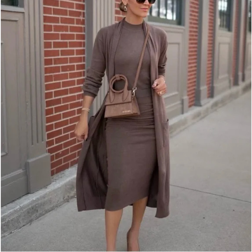 EXPRESS Mocha Brown Knit Duster Sweater Cardigan Skirt, and Tank Wool Small 3 Pc